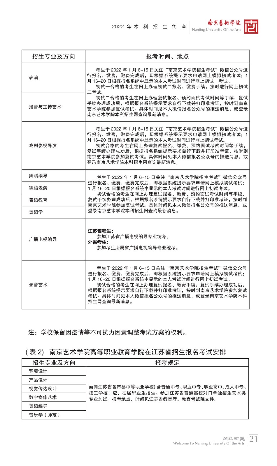 2022年南京艺术学院本科舞蹈类、音乐类招生简章、校考报名及考试相关安排、联系方式及声明